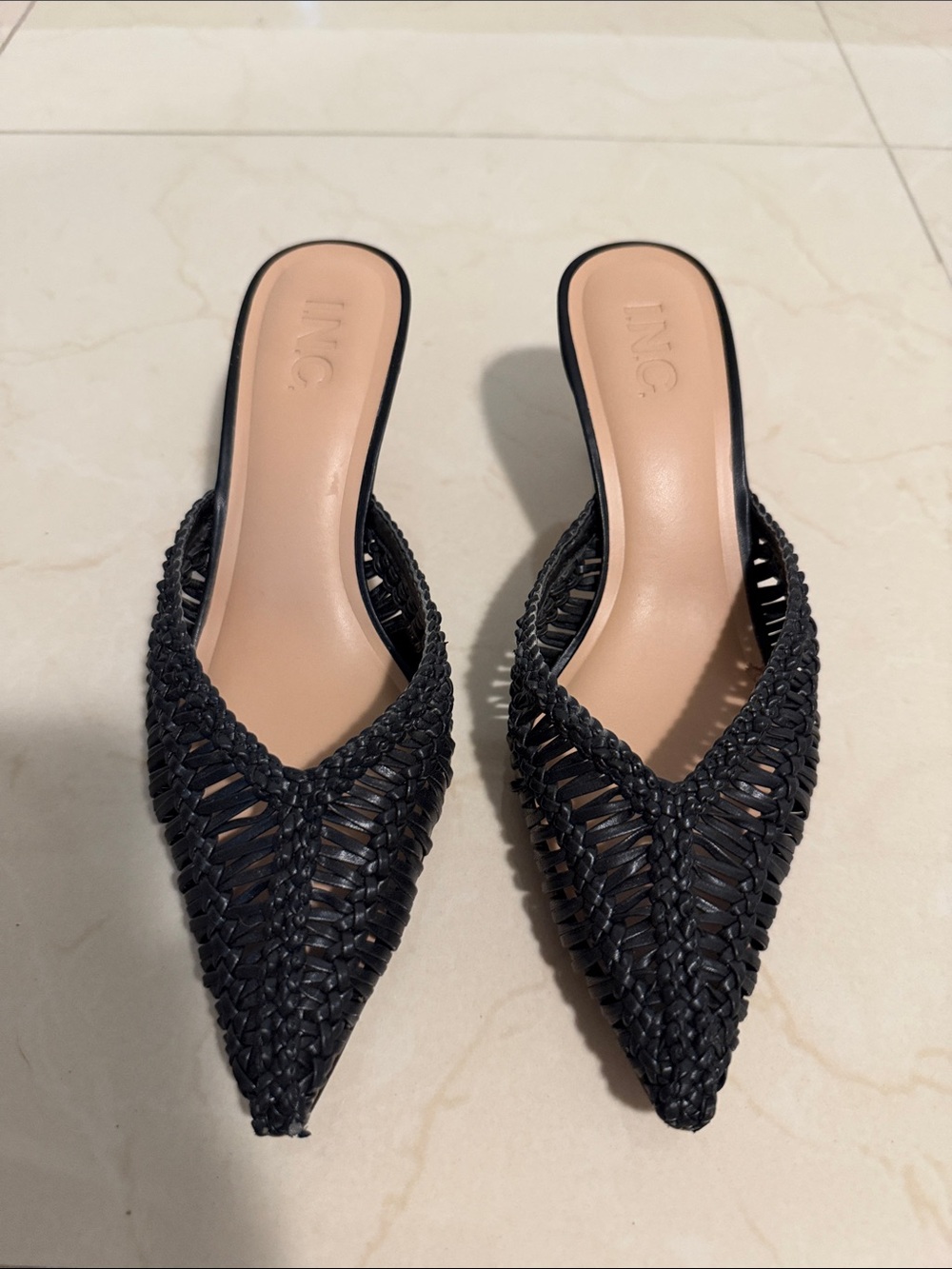 INC International Concepts Black Woven Pointed-Toe Slip-On Mules